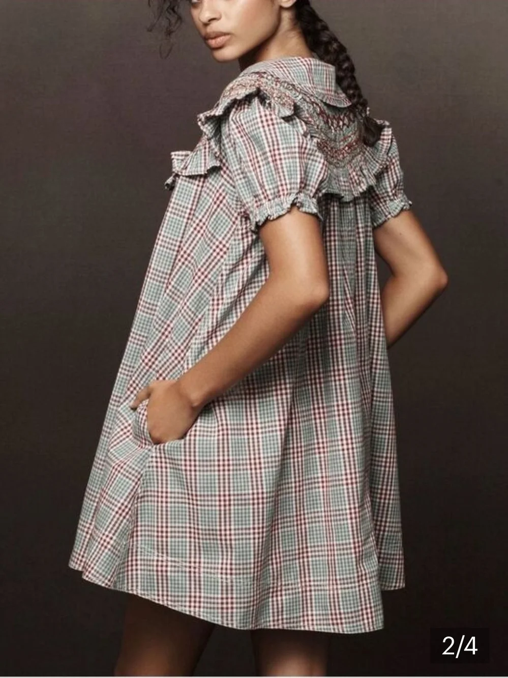 Pilcro Anthropologie Smocked Plaid Babydoll Mini Dress Ruffle Collar Puff Sleeve